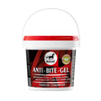 Red and black labeled white plastic bucket with handle of leovet anti bite anti bite gel for cribbing prevention