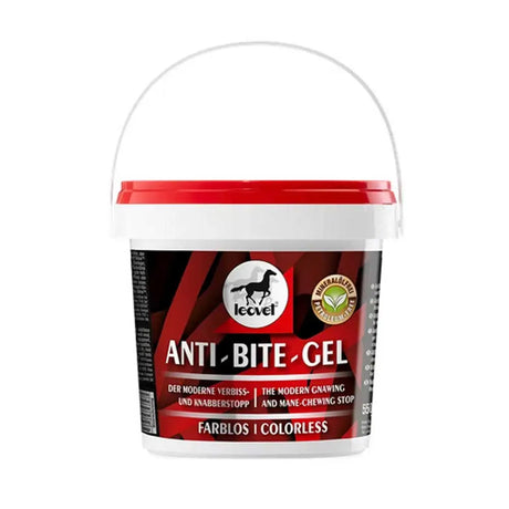 Red and black labeled white plastic bucket with handle of leovet anti bite anti bite gel for cribbing prevention