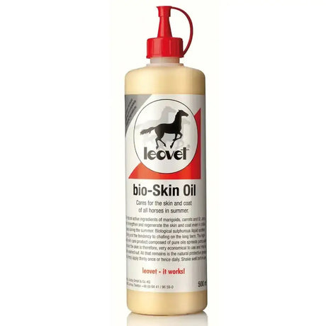 A 500ml leovet bio-skin oil bottle with red pump and black horse label for sweet itch and skin irritations relief