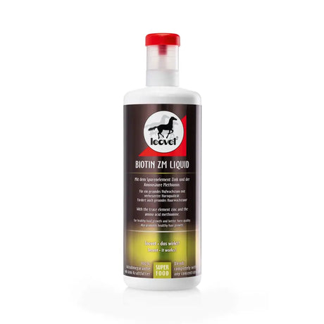 A white bottle with red cap and dark brown label of leovet biotin liquid hoof treatment for strong hoof horn