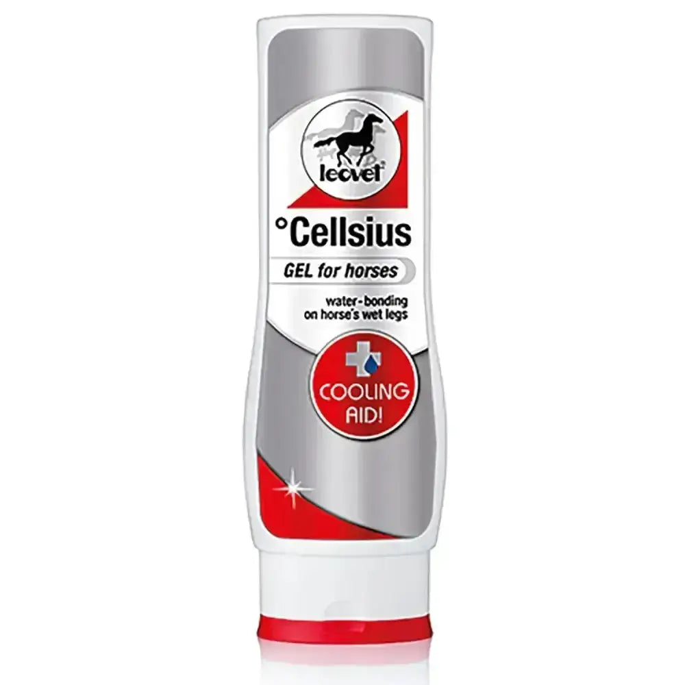 Leovet cellsius gel in a sleek silver and red translucent tube with white cap designed for horses wet legs care using waterdrop technology