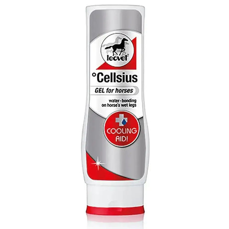 Leovet cellsius gel in a sleek silver and red translucent tube with white cap for horses wet legs using waterdrop technology