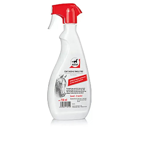 White plastic spray bottle with red trigger labeled kesel brand leovet coat sheen and tangle free for horses