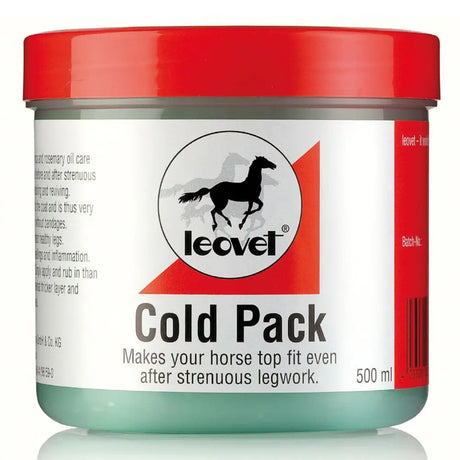 A leovet cold pack in a red-lidded clear container with light green gel that soothes inflammation and improves mobility
