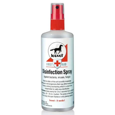 Clear plastic leovet disinfection spray bottle with red nozzle and horse care first aid label for easy disinfecting