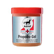 Red-lidded leovet first aid propolis gel jar with silver label featuring natural active ingredients and protective function