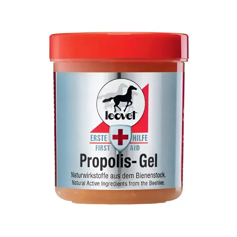 Red-lidded leovet first aid propolis gel jar with silver label featuring natural active ingredients and protective function