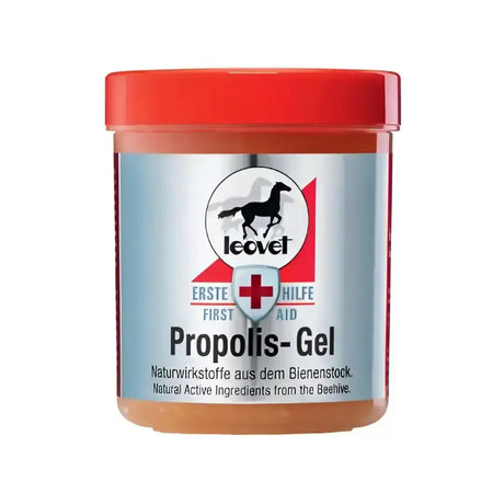 Red-lidded leovet first aid propolis gel jar with silver label featuring natural active ingredients and protective function