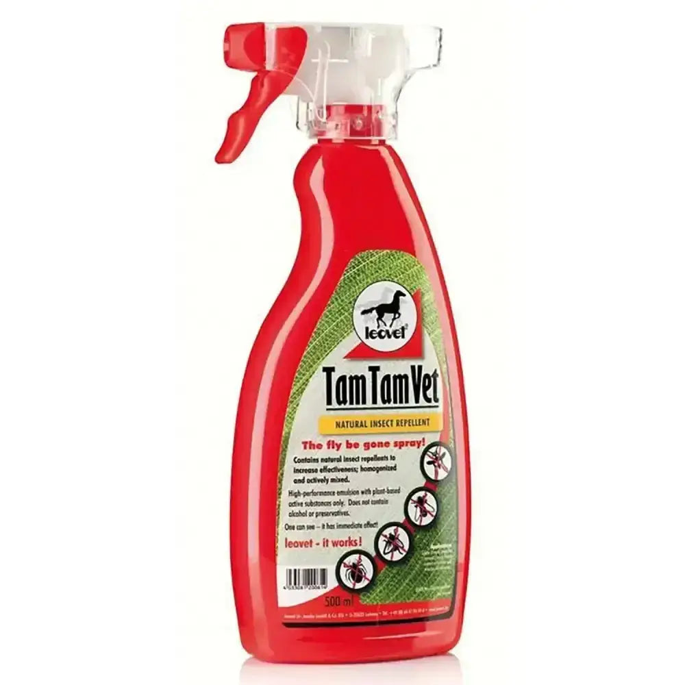 Red plastic spray bottle with red trigger labeled tam tam vet natural insect repellent by leovet fly fly sprays