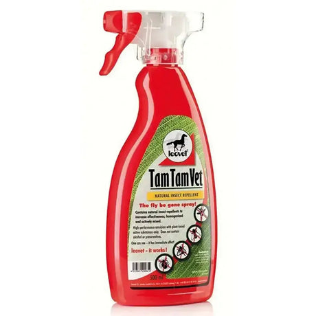 Red plastic spray bottle with red trigger labeled leovet fly natural insect repellent for effective fly sprays use