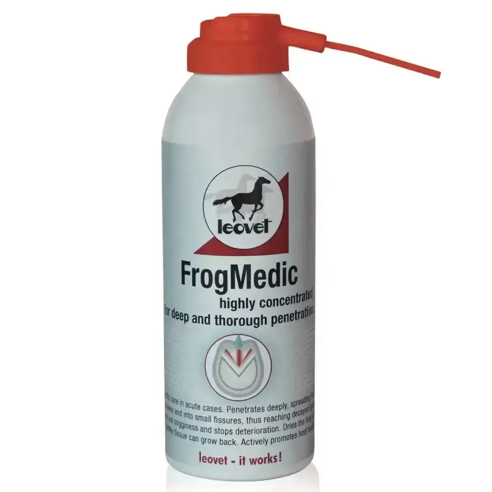White aerosol can with red spray nozzle and black horse silhouette label for leovet frogmedic spray concentrated thrush care acute cases