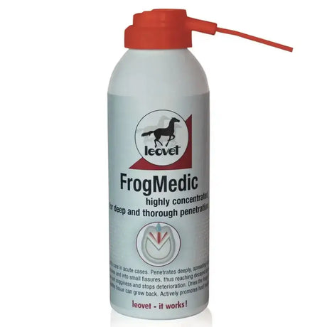 White aerosol can with red spray nozzle and black horse silhouette label for leovet frogmedic spray concentrated thrush care acute cases