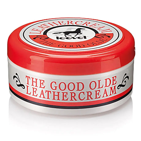 Red and white tin of leovet good olde leathercream with natural beeswax and carnauba wax for leather care