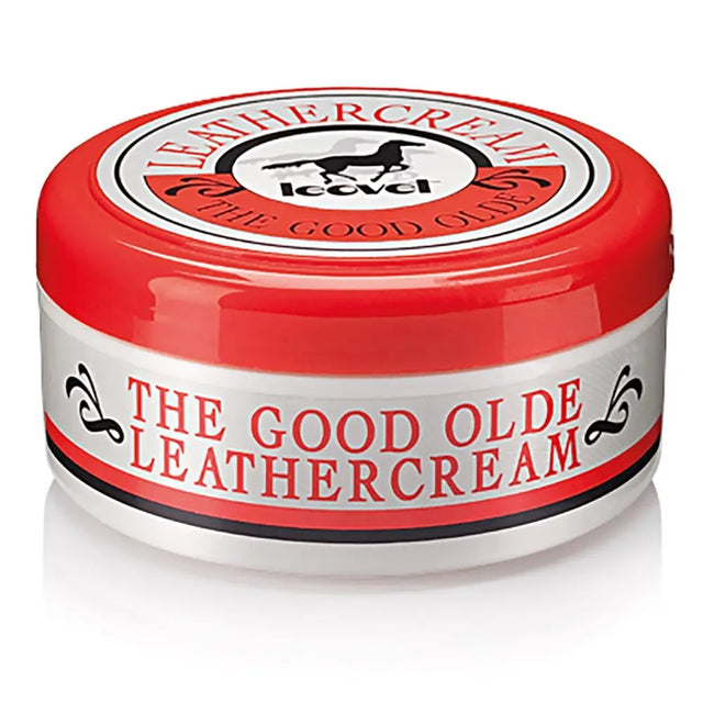 Red and white tin of leovet good olde leathercream with natural beeswax and carnauba wax for leather care