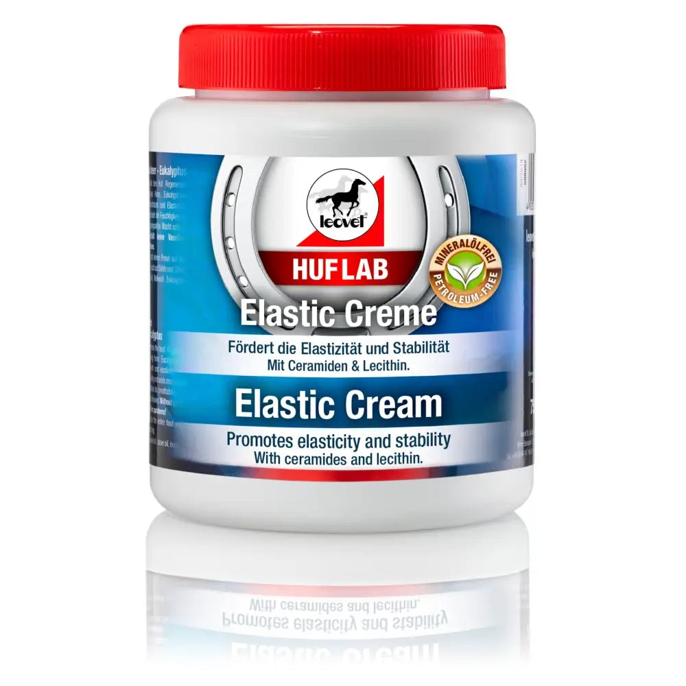 White plastic jar with red lid and blue label of leovet hoof lab elastic cream hoof care cream for stability and elasticity