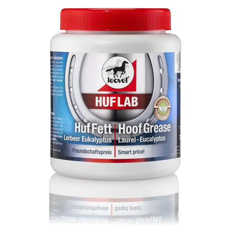 White plastic jar with red lid and blue label showing a horse silhouette for leovet hoof lab hoof grease