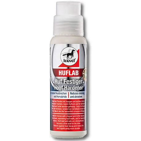 A white plastic bottle with clear cap labeled leovet hoof lab lab hoof hardener for nail holes and hoof care