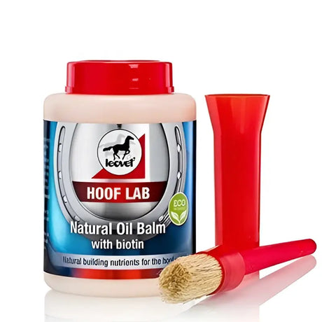 Leovet hoof lab natural oil balm 500 ml red cap with biotin improves horn quality shown with red funnel and brush