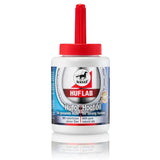 White plastic bottle with red cap labeled leovet hoof lab hoof oil for strong healthy hooves with silver horseshoe logo