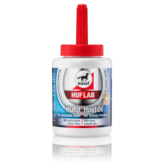 White plastic bottle with red cap labeled leovet hoof lab hoof oil for strong healthy hooves with silver horseshoe logo