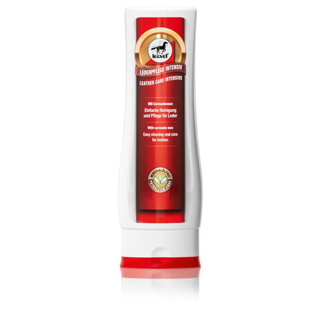 Leovet leather care intensive in a red and white bottle with a gold horse emblem for premium leather care