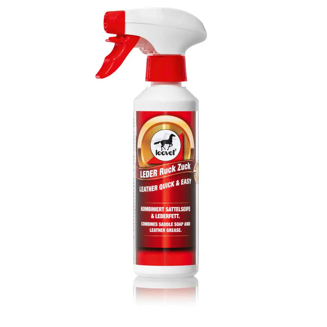 Red and white spray bottle of leovet leather care spray combining saddle soap and leather grease for quick cleaning