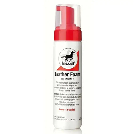 Red and white leovet leather foam spray bottle with black horse logo creamy foam cleans leather and horse tack accessories
