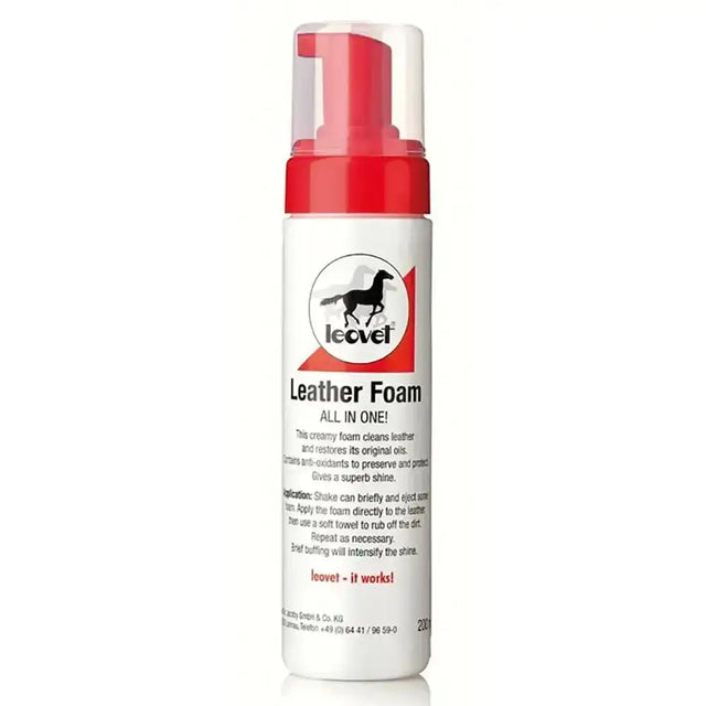 Red and white leovet leather foam spray bottle with black horse logo creamy foam cleans leather and horse tack accessories