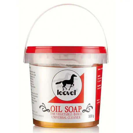 Red-lidded plastic bucket of leovet leather soap with amber vegetable-based universal cleaner for horse tack accessories leather care