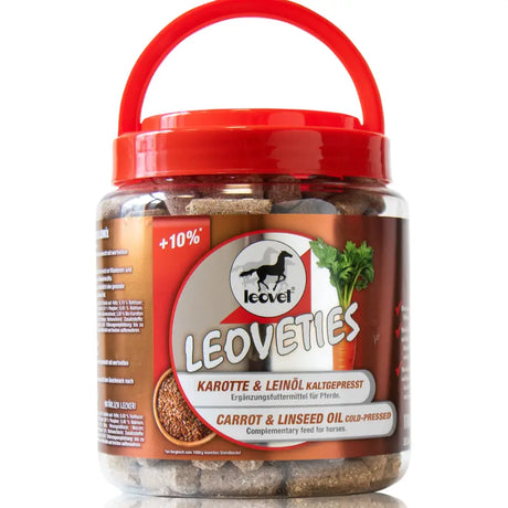 Red-handled plastic jar of leovet leoveties carrot and linseed oil treats horse feed with cold-pressed oil treats