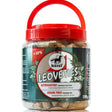 Red-handled plastic jar of leovet leoveties grain free treats premium horse feed mix grain free treats