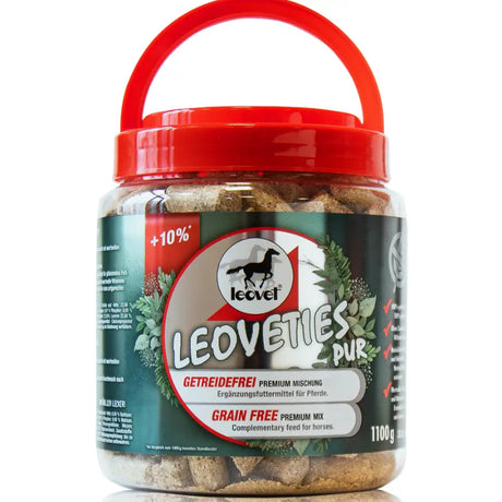 Red-handled plastic jar of leovet leoveties grain free treats premium horse feed mix for healthy feeding