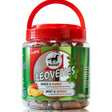 Red-handled plastic jar of leovet leoveties mint and mango complementary feed treats for horses