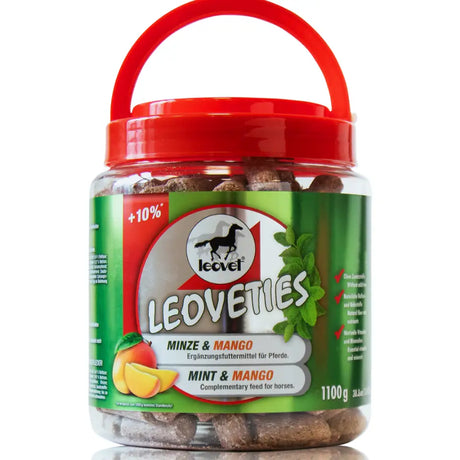 Red-handled plastic jar of leovet leoveties mint and mango complementary feed treats for horses