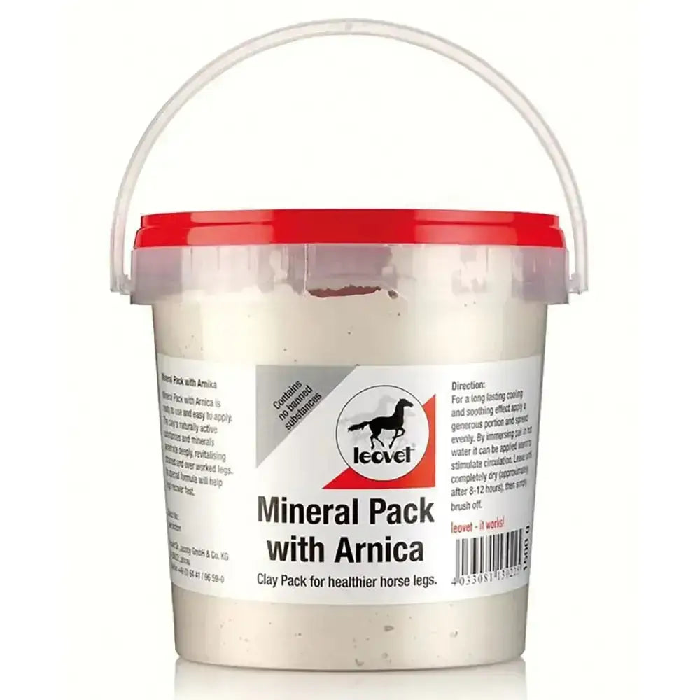 A white plastic bucket with a red lid labeled leovet mineral pack with arnica for healthier horse legs and natural active substances