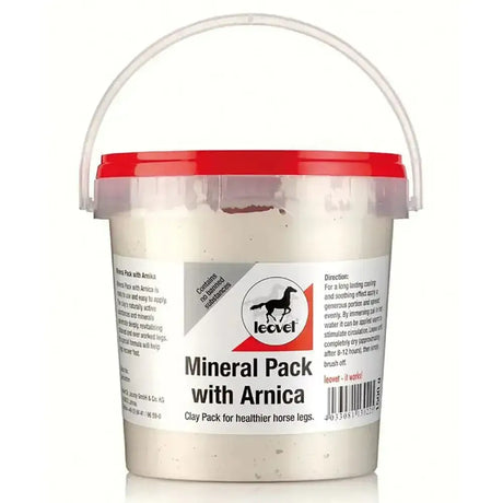 A white plastic bucket with a red lid labeled leovet mineral pack with arnica for healthier horse legs and natural active substances