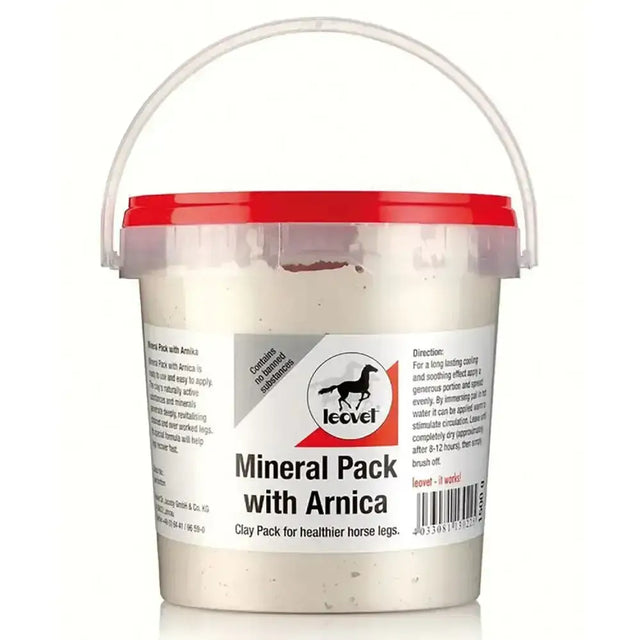 A white plastic bucket with a red lid labeled leovet mineral pack with arnica for healthier horse legs and natural active substances