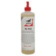 A clear plastic bottle with red pump dispenser containing pale yellow leovet no rub tail conditioners for mane and tail care