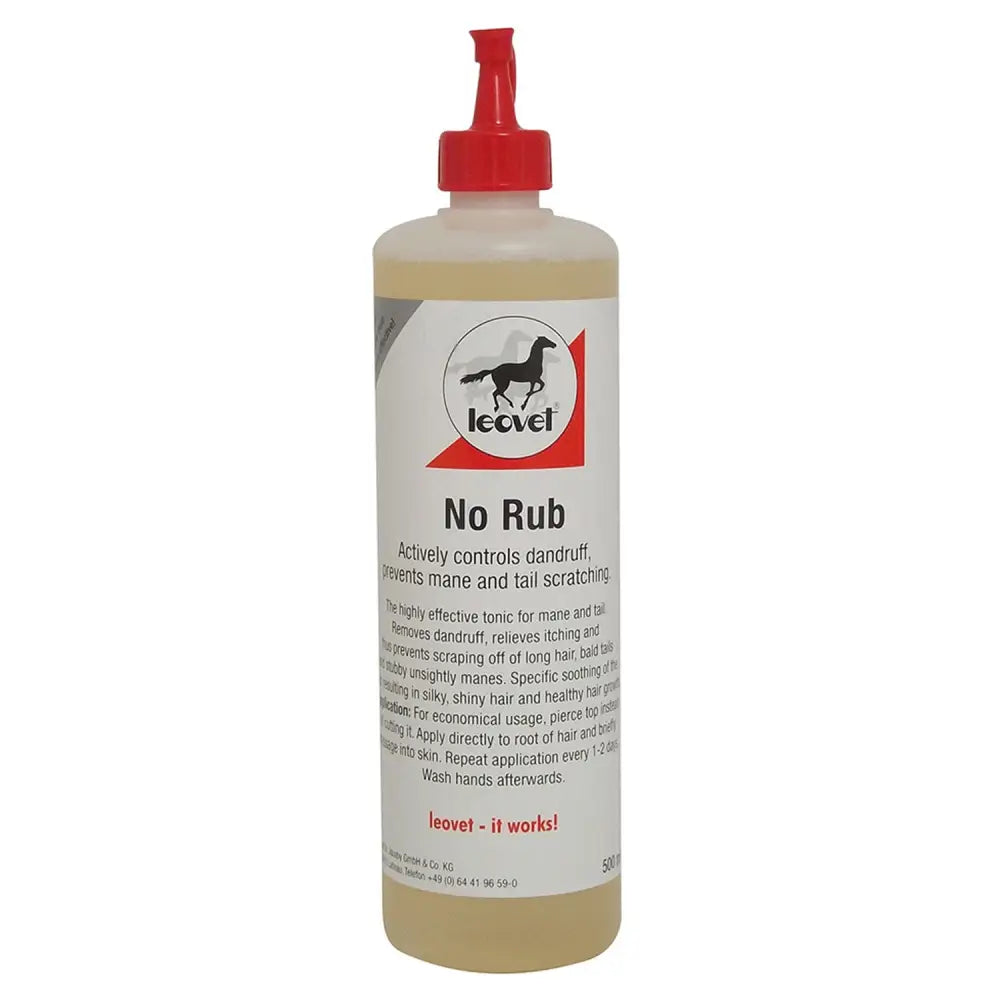 A clear plastic bottle with red pump dispenser containing pale yellow leovet no rub tail conditioners for mane and tail care