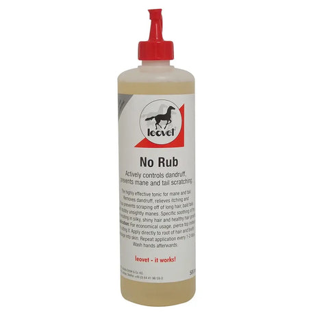 A clear plastic bottle with red pump dispenser containing pale yellow leovet no rub tail conditioners for mane and tail care
