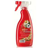 Red plastic spray bottle with red trigger labeled leovet power detangler for extra long lasting sheen and natural colour pigments
