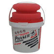 Red and white plastic bucket with handle labeled leovet power phaser for power phaser fly protection insect repellent gel
