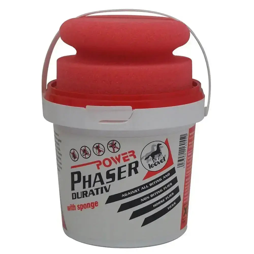 Red and white plastic bucket with handle labeled leovet power phaser for power phaser fly protection insect repellent gel