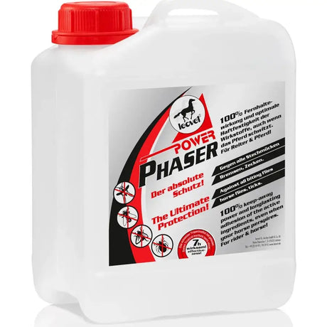 White plastic jug with red cap and black red label of leovet power phaser fly protection insect repellent 2.5 litre