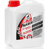 White plastic jug with red cap and black and red label of leovet power phaser fly protection insect repellent