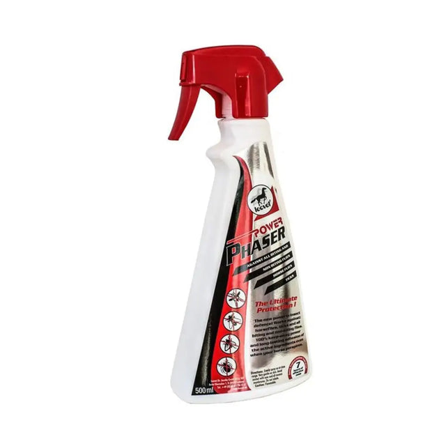 Red and white spray bottle leovet power phaser insect repellent for horse fly protection with power phaser fly protection label