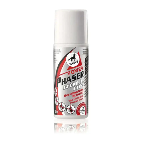 White and silver spray bottle with red accents labeled leovet power phaser roll on for insect protection by swiss institute
