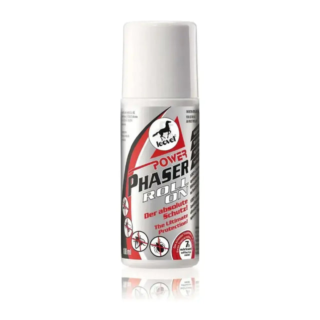 White and silver spray bottle with red accents labeled leovet power phaser roll on for insect protection by swiss institute