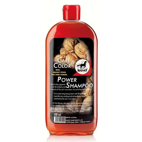 Red plastic bottle of leovet power shampoo with natural colour pigments and walnut stock for long lasting sheen on dark horses