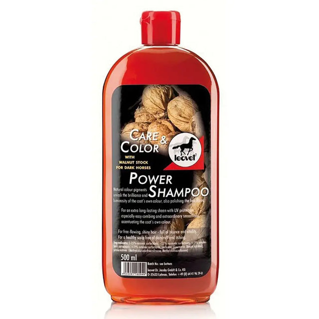 Red plastic bottle of leovet power shampoo with natural colour pigments and walnut stock for long lasting sheen on dark horses